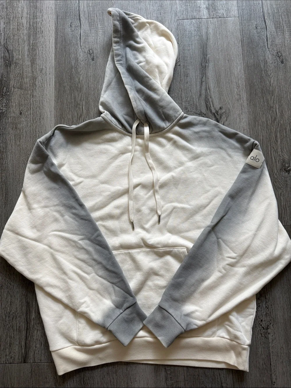 ALO Yoga Accolade Cream and Gray Hooded Pullover- limited edition color- sample